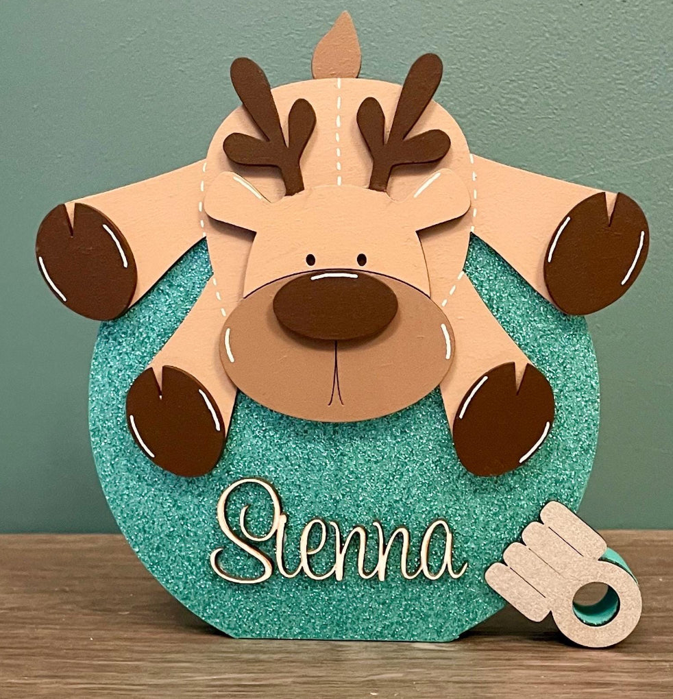 Freestanding green personalised reindeer baubles