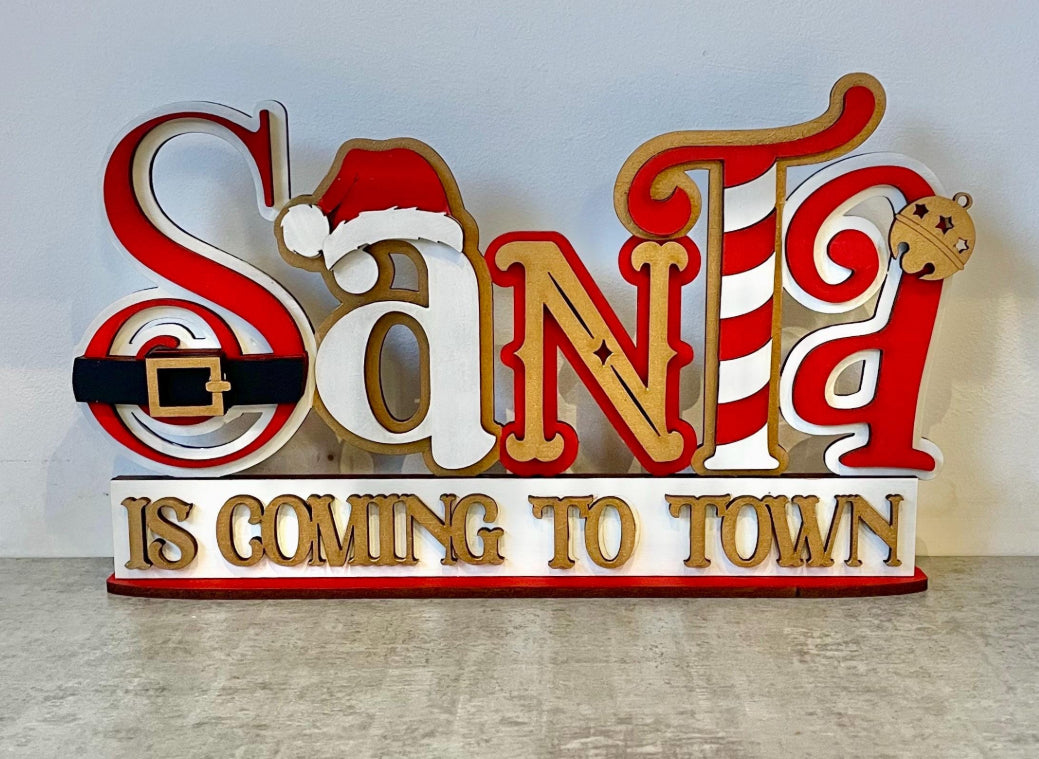 Freestanding Santa is coming to town Christmas shelf decor