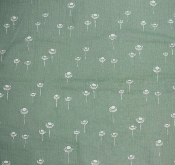 Sage green daisy cotton muslin fabric